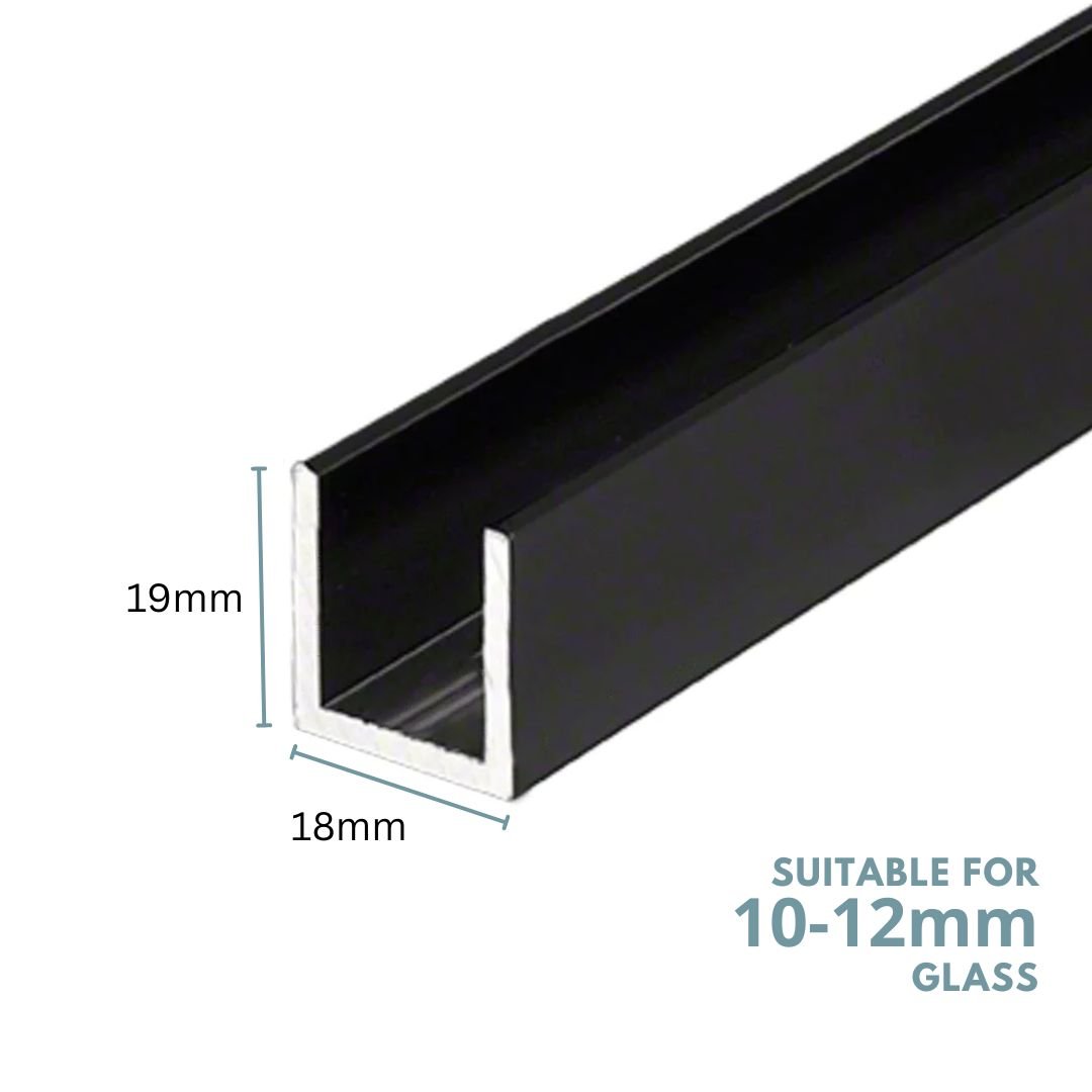 U-Channel Aluminium 18x19x3000mm Matt Black 10-12mm Glass